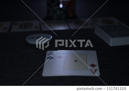 the poker game in casino chips cards and the poker table 131781320
