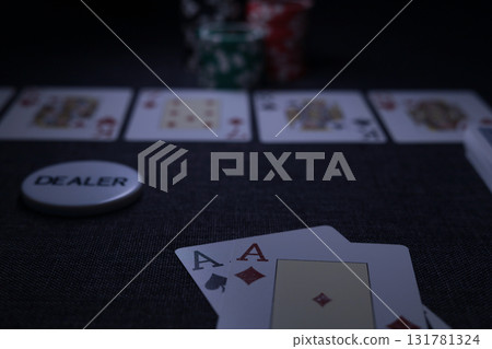 the poker game in casino chips cards and the poker table 131781324