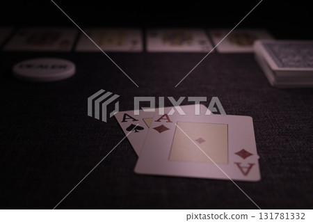 the poker game in casino chips cards and the poker table 131781332