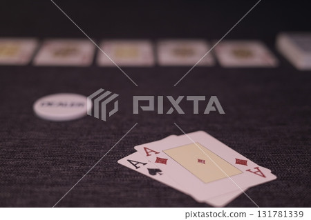 the poker game in casino chips cards and the poker table 131781339