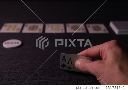 the poker game in casino chips cards and the poker table 131781341