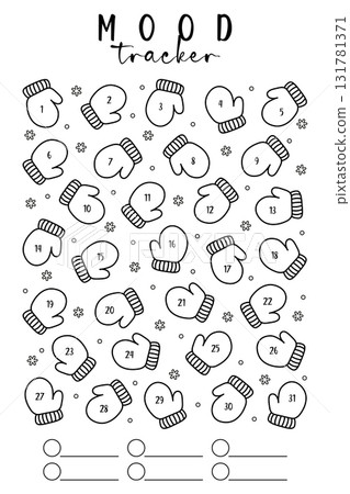 Winter Mittens Mood Tracker Calendar. Monthly mood tracker with cute mittens and snowflakes for 31 days. Printable template for bullet journal, winter planner, emotional tracking, coloring page. EPS 131781371