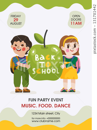 Back to school template vector poster background. Two kids hold on apple 131781442