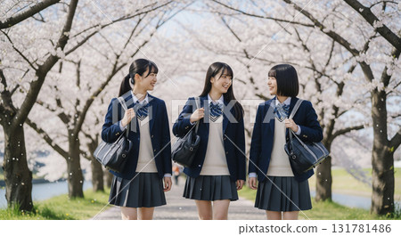 High school girl walking along the cherry blossom trees 131781486