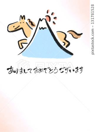 New Year's card 2026 with ink painting of Mt. Fuji, the first sunrise, and a smiling horse, watercolor background New Year's card 2026 with ink painting of Mt. Fuji, the first sunrise, and a smiling horse, watercolor background 131781528