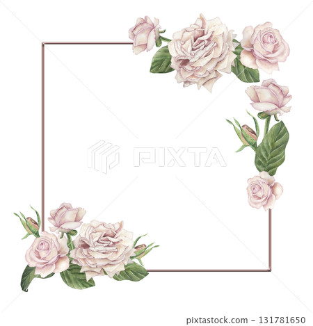 Watercolor floral frame with soft pink roses and green leaves. Elegant botanical border for wedding invitations, greeting cards, posters, or romantic design projects. Vintage flower artwork Watercolor floral frame with soft pink roses and green leaves. Elegant botanical border for wedding invitations, greeting cards, posters, or romantic design projects. Vintage flower artwork 131781650