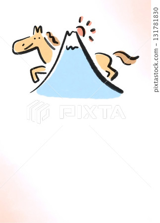 New Year's card template 2026 featuring an ink painting of Mount Fuji, the first sunrise, and a smiling horse on a watercolor background New Year's card template 2026 featuring an ink painting of Mount Fuji, the first sunrise, and a smiling horse on a watercolor background 131781830