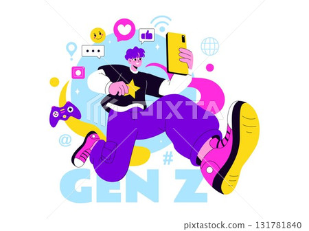 Gen Z Lifestyle Vector Illustration Featuring Growing Up with Internet and Digital Technology, Smartphones and Social Media in a Flat Style Background 131781840
