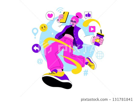 Gen Z Lifestyle Vector Illustration Featuring Growing Up with Internet and Digital Technology, Smartphones and Social Media in a Flat Style Background 131781841