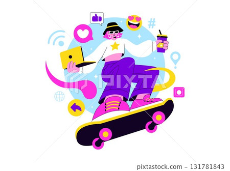 Gen Z Lifestyle Vector Illustration Featuring Growing Up with Internet and Digital Technology, Smartphones and Social Media in a Flat Style Background 131781843