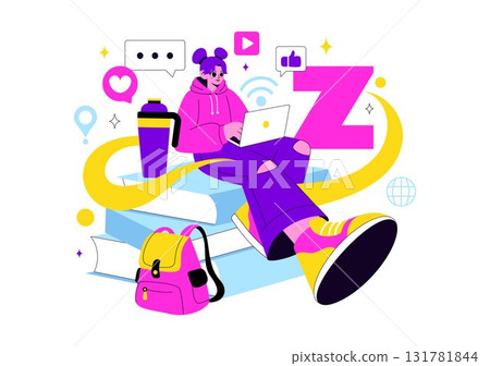 Gen Z Lifestyle Vector Illustration Featuring Growing Up with Internet and Digital Technology, Smartphones and Social Media in a Flat Style Background 131781844