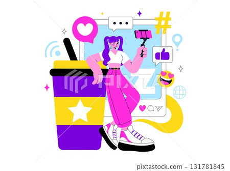 Gen Z Lifestyle Vector Illustration Featuring Growing Up with Internet and Digital Technology, Smartphones and Social Media in a Flat Style Background 131781845