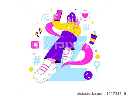 Gen Z Lifestyle Vector Illustration Featuring Growing Up with Internet and Digital Technology, Smartphones and Social Media in a Flat Style Background 131781846