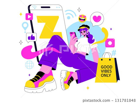 Gen Z Lifestyle Vector Illustration Featuring Growing Up with Internet and Digital Technology, Smartphones and Social Media in a Flat Style Background Gen Z Lifestyle Vector Illustration Featuring Growing Up with Internet and Digital Technology, Smartphones and Social Media in a Flat Style Background 131781848
