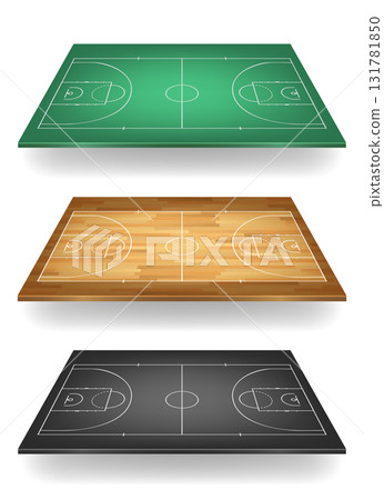 Sports Field Set, Vector Illustration. Sports Field Bundle with Soccer Field. Basketball Court Wood, Hockey Rink Dark Layout. Sports Field Top View Templates 131781850