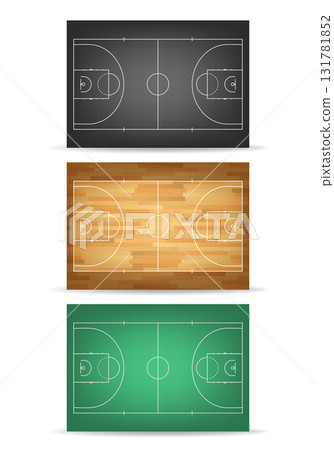 Sports Field Set, Vector Illustration. Sports Field Bundle with Soccer Field. Basketball Court Wood, Hockey Rink Dark Layout. Sports Field Top View Templates 131781852