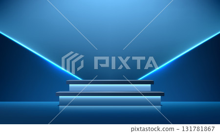 futuristic neon blue podium with glowing v light lines and reflective floor in dark room for modern product showcase and technology presentation background futuristic neon blue podium with glowing v light lines and reflective floor in dark room for modern product showcase and technology presentation background 131781867