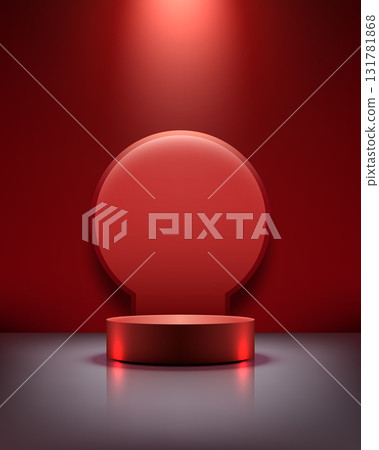 luxury podium stage with metallic red circular design and glossy texture on dark reflective floor illuminated by spotlight for product display mockup showroom background luxury podium stage with metallic red circular design and glossy texture on dark reflective floor illuminated by spotlight for product display mockup showroom background 131781868