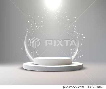product mockup pedestal with glowing ring light in minimal white studio background for premium brand display and cosmetic presentation in modern luxury showroom scene 131781869