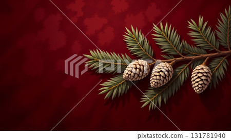 Christmas pine cones on evergreen branch over red festive background. 131781940