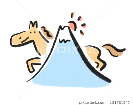Ink painting of Mt. Fuji, the first sunrise and a smiling horse 2026 New Year's material 131781945