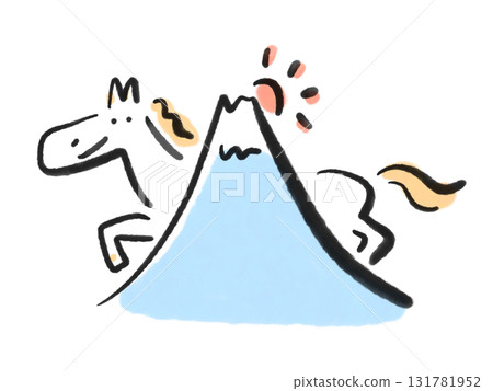 富士山、初升的日出和微笑的白馬的水墨畫 2026 年新年素材 富士山、初升的日出和微笑的白馬的水墨畫 2026 年新年素材 131781952