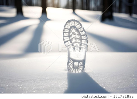 Ice in the shape of shoeprints on a bright snowy field 131781982