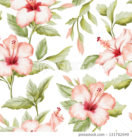 Tropical garden watercolor seamless pattern on white. Red green summer hibiscus flowers and leaves with buds on branches. Hand drawn repeat background with Brazil paradise blooming plants Tropical garden watercolor seamless pattern on white. Red green summer hibiscus flowers and leaves with buds on branches. Hand drawn repeat background with Brazil paradise blooming plants 131782049