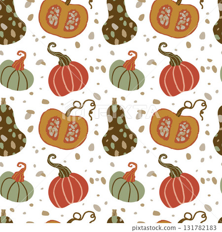 Vector seamless pattern of different pumpkins with leaves on white background, good for design, cards, autumn posters, packaging 131782183