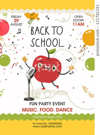 Cute vector red apple dancing and singing in a retro metal microphone surrounded by colored balls and confetti Cute vector red apple dancing and singing in a retro metal microphone surrounded by colored balls and confetti 131782191