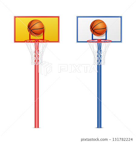 Basketball Hoop Backboard with Ball, Vector Illustration. Basketball Hoop Goal Pair, Red And Blue. Outdoor and Indoor Court Equipment. Basketball Hoop, Rim, Net, Pole, Isolated on White Basketball Hoop Backboard with Ball, Vector Illustration. Basketball Hoop Goal Pair, Red And Blue. Outdoor and Indoor Court Equipment. Basketball Hoop, Rim, Net, Pole, Isolated on White 131782224