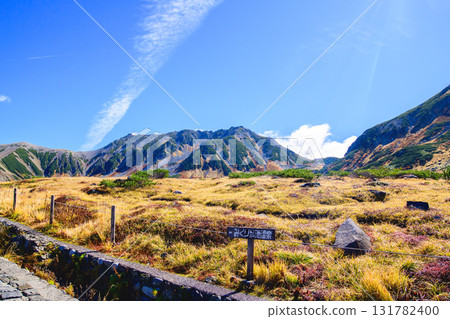 Tateyama Kurobe Alpine Route, Murododaira, stone-paved walking path and autumn foliage of the Tateyama mountain range, Toyama Prefecture Tateyama Kurobe Alpine Route, Murododaira, stone-paved walking path and autumn foliage of the Tateyama mountain range, Toyama Prefecture 131782400