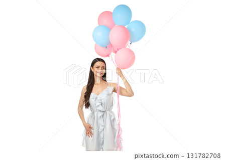 Woman with colorful balloons in a dress, isolated on white, PNG 131782708