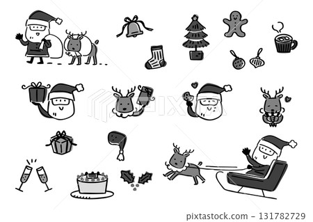 Cute Christmas hand-drawn illustration set ② monochrome Cute Christmas hand-drawn illustration set ② monochrome 131782729