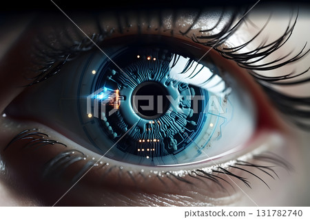 Closeup view of normal human eye with cybernetic pupil. Neural network generated photorealistic image 131782740