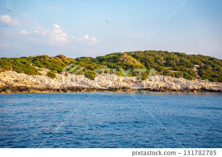 Uninhabited islands of the Lastovo National Park surrounded by calm sea in Croatia. Nature reserve, remote landscape and Mediterranean summer escape 131782785