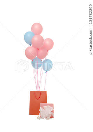 Balloons float above a vibrant gift bag, isolated on white, PNG Balloons float above a vibrant gift bag, isolated on white, PNG 131782869