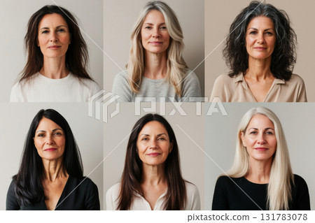 Portraits composite collage of diverse women of various ages and ethnicities against neutral pastel background 131783078