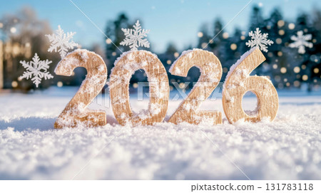 New year 2026 numbers in snow with bokeh lights, holiday and winter theme New year 2026 numbers in snow with bokeh lights, holiday and winter theme 131783118