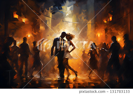 Crowd of dancing people in the night club on the dance floor surrounded with lights and smoke. Neural network generated painting style image Crowd of dancing people in the night club on the dance floor surrounded with lights and smoke. Neural network generated painting style image 131783133