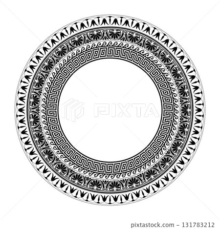 Greek round floral meander, key meander. Black seamless classic greek ornament. Endless European pattern border. Border Ancient Greece, Roman Empire. For textile, engraving, embroidery, porcelain Greek round floral meander, key meander. Black seamless classic greek ornament. Endless European pattern border. Border Ancient Greece, Roman Empire. For textile, engraving, embroidery, porcelain 131783212