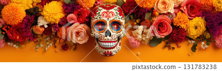 Colorful sugar skull with flowers for celebration, created AI 131783238