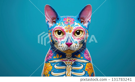 Cat in vibrant Day of the Dead paint shines, created AI 131783241