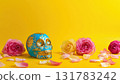 A decorated skull stands beside bright roses and petals, created AI 131783242