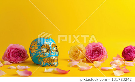 A decorated skull stands beside bright roses and petals, created AI 131783242