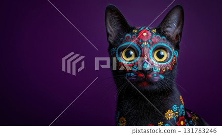 Black cat with colorful Day of the Dead art, created AI 131783246