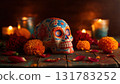 Sugar skull with marigolds and candles, created AI 131783252