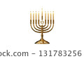 Brass menorah with candles lit for Hanukkah joy, created AI, PNG 131783256