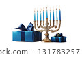 Menorah with candles next to wrapped gifts, created AI, PNG 131783257