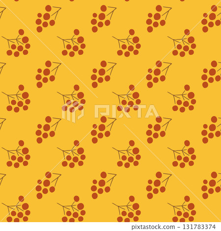 Seamless vector pattern with red rowan berries on yellow background 131783374